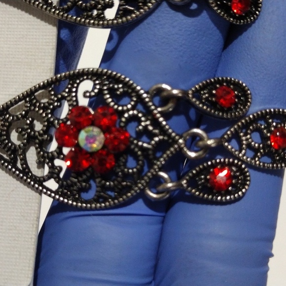 Red Crystal Drop Dangle Earrings – Filigree Fringe Design, Gold Women's Jewelry - Picture 9 of 10